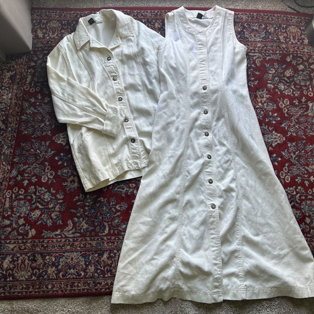 Vintage Lee Riveted Denim Jean Dress Jumper And Jacket Set Cream Union Made M/L